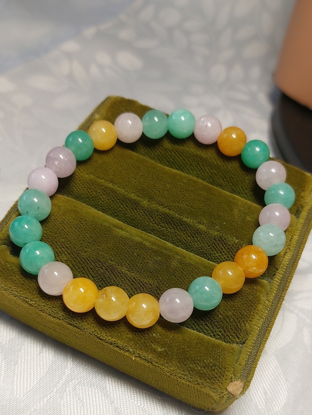 Tri- Color Jadeite Style Semi-precious Stone 8mm Bead Stretch Bracelet